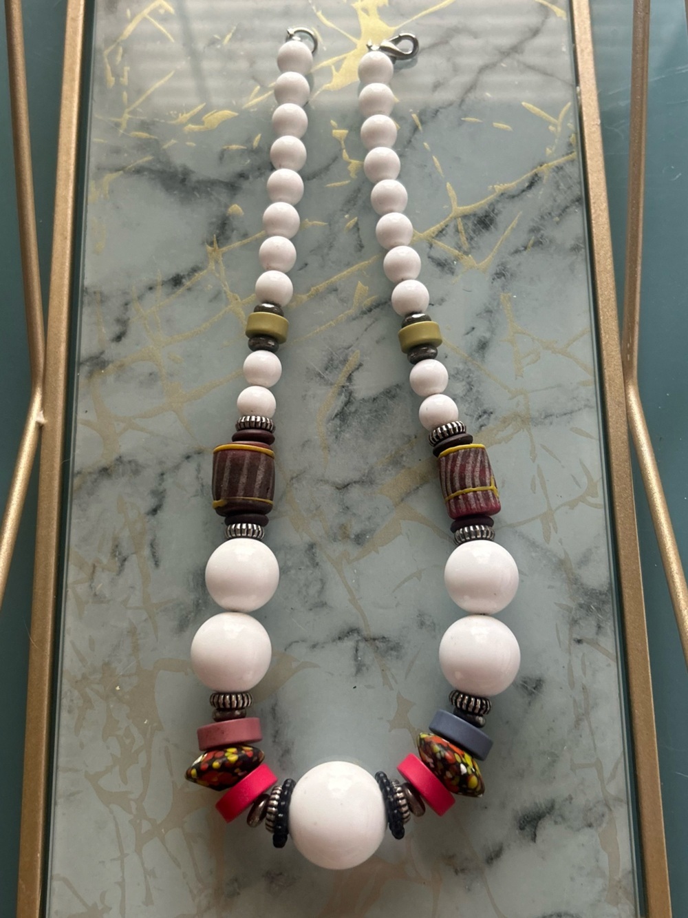 Vintage Statement Beaded Necklace White Beads Artisan Boho Chunky 19โ Multicolor